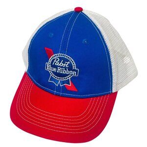 Pabst Blue Ribbon Mesh Trucker Hat Red White & Blue Adjustable Snapback Cap